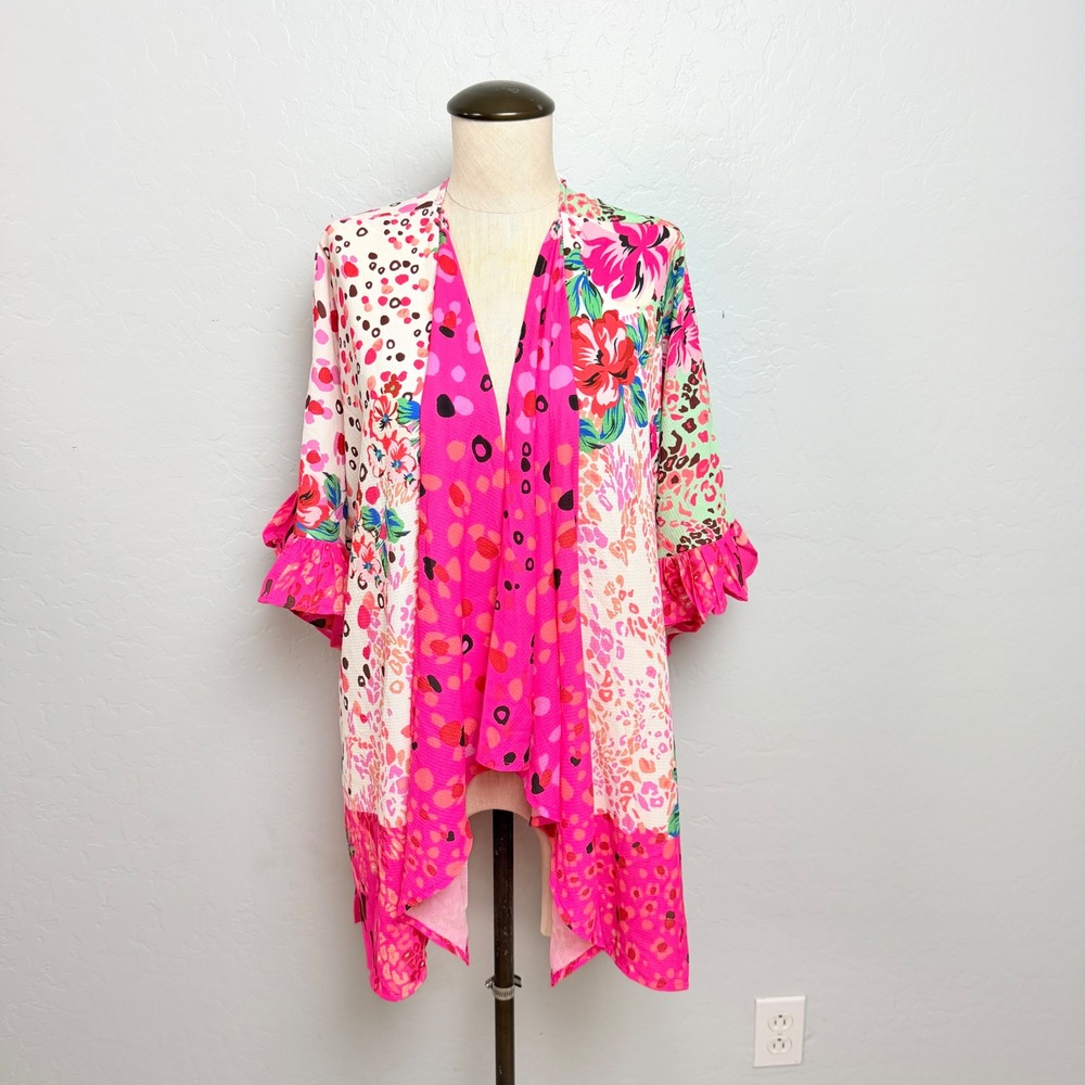 Umgee Ruffle Sleeve Kimono Hot Pink Floral Leopard Print Cardigan WK6540 S/M